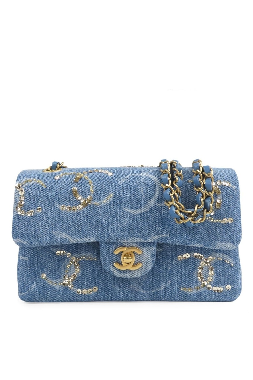 Chanel Chain Shoulder Bag Blue Gold Denim Sequin Quilted Small Double Flap 23